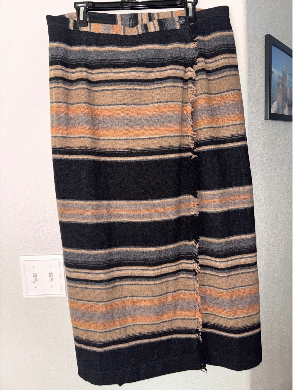 Vtg Rafaella Wool Blend Striped Fringe Wrap Midi Skirt Southwestern Plus Sz 16